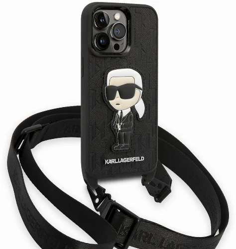 Apple iPhone 14 Pro (6.1) Kılıf Karl Lagerfeld Boyun Askılı Karl Dizayn Kapak - Siyah