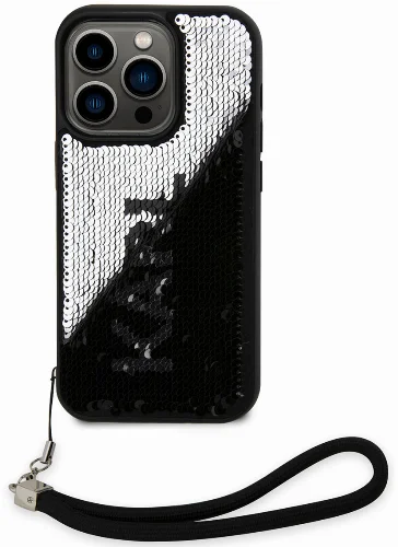 Apple iPhone 14 Pro (6.1) Kılıf Karl Lagerfeld El Askısı İpli Hareketli Pullu Dizayn Kapak - Siyah-Gümüş