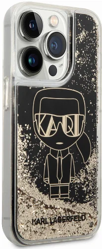 Apple iPhone 14 Pro (6.1) Kılıf Karl Lagerfeld Sıvılı Simli Gatsby Dizayn Kapak - Siyah