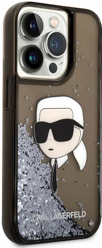 Apple iPhone 14 Pro (6.1) Kılıf Karl Lagerfeld Sıvılı Simli Karl Head Dizayn Kapak - Siyah