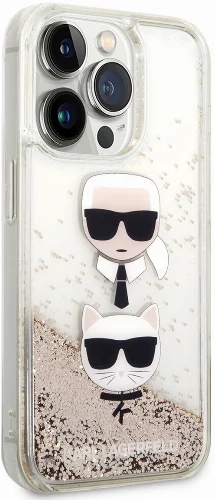 Apple iPhone 14 Pro (6.1) Kılıf Karl Lagerfeld Sıvılı Simli K&C Head Dizayn Kapak - Gold
