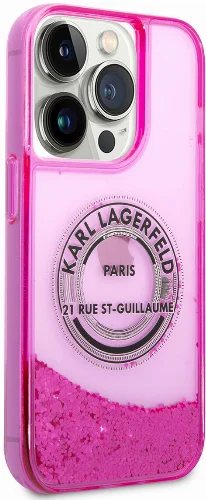 Apple iPhone 14 Pro (6.1) Kılıf Karl Lagerfeld Sıvılı Simli RSG Dizayn Kapak - Pembe
