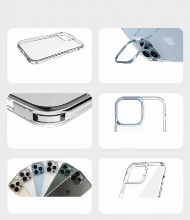 Apple iPhone 14 Pro Max (6.7) Kılıf Kamera Çerçeve Standlı Şeffaf Silikon Skuba Kapak - Gümüş