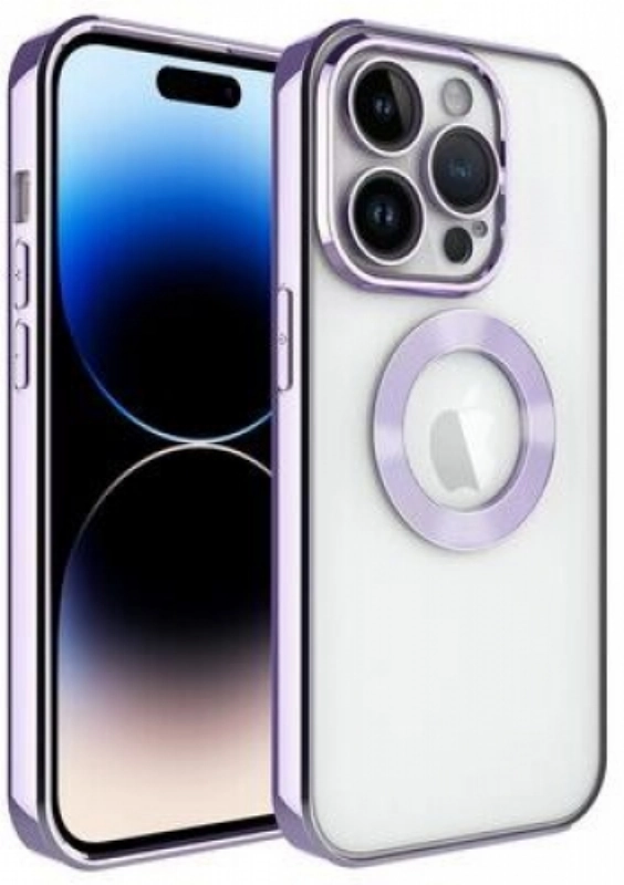 Apple iPhone 14 Pro Max (6.7) Kılıf Kamera Lens Korumalı Şeffaf Renkli Logo Gösteren Parlak Kapak - Lila