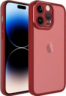 Apple iPhone 14 Pro Max (6.7) Kılıf Şeffaf Esnek Silikon Kenarları Buzlu Kamera Korumalı Post Kapak - Kırmızı