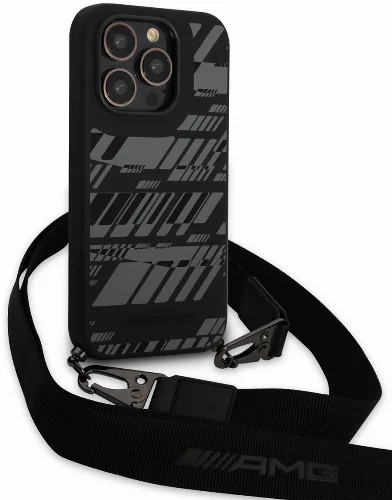 Apple iPhone 14 Pro Max (6.7) Kılıf AMG Liquid Silikon Strap Telefon Askılı Grafik Dizayn Kapak - Siyah