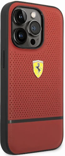Apple iPhone 14 Pro Max (6.7) Kılıf Ferrari Orjinal Lisanslı Deri Delikli Ve Çizgili Dizayn Kapak - Kırmızı