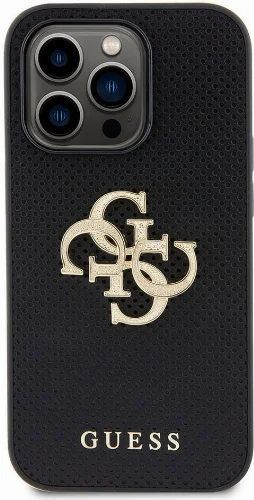 Apple iPhone 14 Pro Max Kılıf Guess Orjinal Lisanslı Delikli Yazı ve 4G Glitter Büyük Metal Logolu Kapak - Siyah