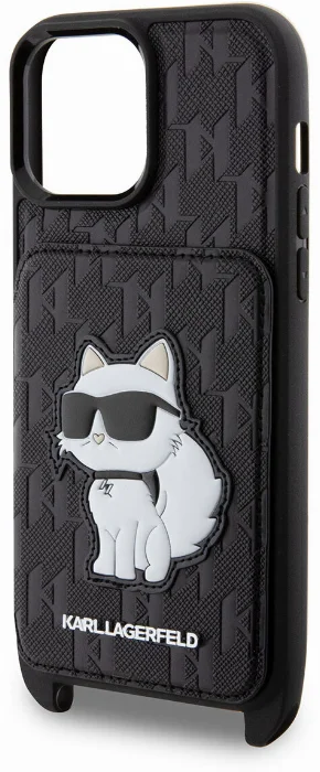 Apple iPhone 14 Pro Max (6.7) Kılıf Karl Lagerfeld Boyun Askılı Kartlıklı Choupette Dizayn Kapak - Siyah