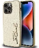 Apple iPhone 14 Pro Max (6.7) Kılıf Karl Lagerfeld Orjinal Lisanslı 3D KL Yazılı Tüylü Arka Yüzey Saffiano Rhinestones Kapak - Gold