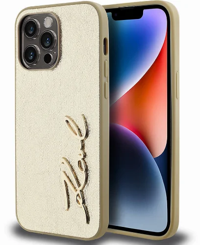 Apple iPhone 14 Pro Max (6.7) Kılıf Karl Lagerfeld Orjinal Lisanslı 3D KL Yazılı Tüylü Arka Yüzey Saffiano Rhinestones Kapak - Gold