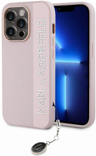 Apple iPhone 14 Pro Max (6.7) Kılıf Karl Lagerfeld Orjinal Lisanslı Anahtarlıklı Taşlı KL Yazılı Saffiano Rhinestones Kapak - Pembe