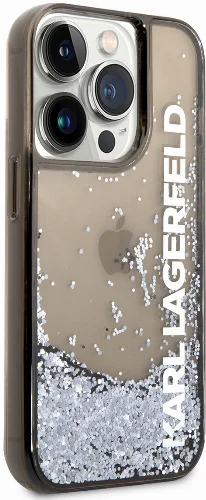 Apple iPhone 14 Pro Max (6.7) Kılıf Karl Lagerfeld Sıvılı Simli Elong Dizayn Kapak - Siyah