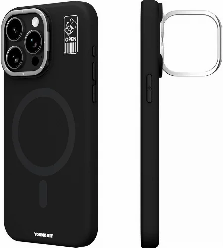 Apple iPhone 14 Pro Max (6.7) Kılıf Magsafe Şarj Özellikli Kamera Standlı Silikon Youngkit Bitty Cream Kapak - Siyah