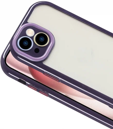 Apple iPhone 15 (6.1) Kılıf Kamera Korumalı Renkli Kenar ve Çerçeve Tasarımlı Vitamin Kapak - Koyu Mor