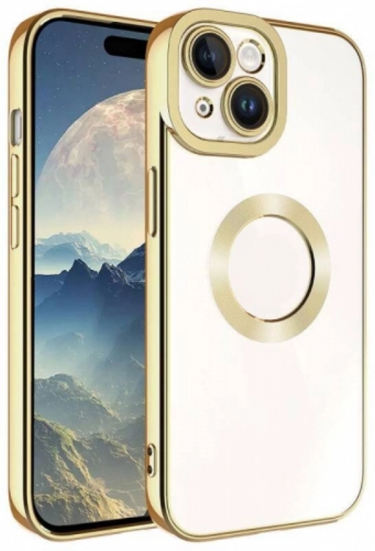 Apple iPhone 15 (6.1) Kılıf Kamera Lens Korumalı Şeffaf Renkli Logo Gösteren Parlak Kapak - Gold