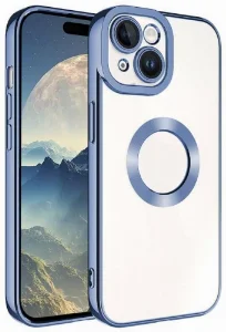 Apple iPhone 15 (6.1) Kılıf Kamera Korumalı Silikon Logo Açık Omega Kapak - Sierra Mavi