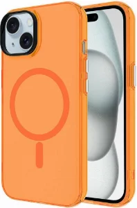 Apple iPhone 15 (6.1) Kılıf Magsafe Şarj Özellikli Buzlu Transparan C-Pro Sert Kapak - Turuncu