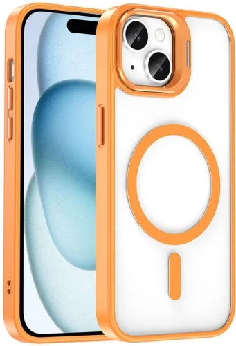 Apple iPhone 15 (6.1) Kılıf Magsafe Wireless Şarj Özellikli Standlı Magsafe Klon Lensli Kapak - Turuncu