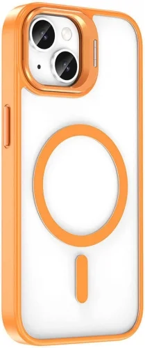 Apple iPhone 15 (6.1) Kılıf Magsafe Wireless Şarj Özellikli Standlı Magsafe Klon Lensli Kapak - Turuncu