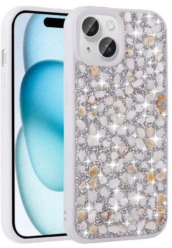 Apple iPhone 15 (6.1) Kılıf Parlak Taşlı Tasarım Zore Linea Kapak - Beyaz