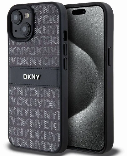 Apple iPhone 15 (6.1) Kılıf DKNY Orjinal Lisanslı 3D Yazılı Repeat Texture Pattern Kapak - Siyah