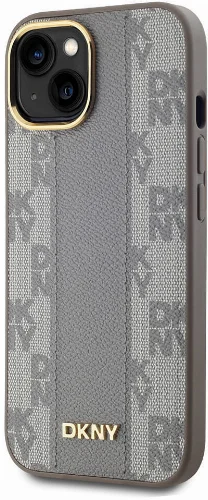 Apple iPhone 15 (6.1) Kılıf DKNY Orjinal Lisanslı MagSafe Şarj Özellikli 3D Yazılı Checkered Pattern Kapak - Krem