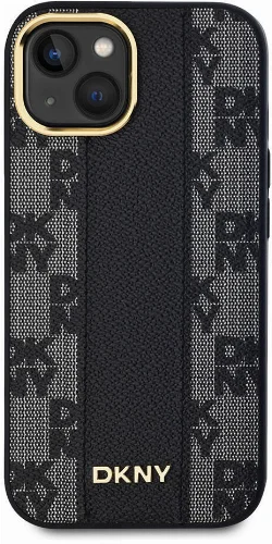 Apple iPhone 15 (6.1) Kılıf DKNY Orjinal Lisanslı MagSafe Şarj Özellikli 3D Yazılı Checkered Pattern Kapak - Siyah