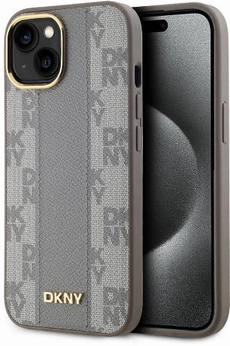 Apple iPhone 15 (6.1) Kılıf DKNY Orjinal Lisanslı MagSafe Şarj Özellikli 3D Yazılı Checkered Pattern Kapak - Krem