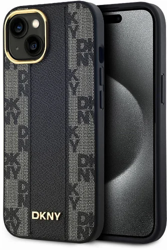 Apple iPhone 15 (6.1) Kılıf DKNY Orjinal Lisanslı MagSafe Şarj Özellikli 3D Yazılı Checkered Pattern Kapak - Siyah