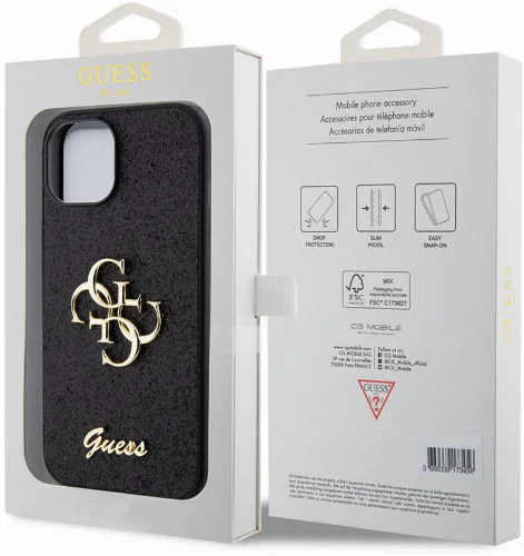 Apple iPhone 15 Kılıf Guess Orjinal Lisanslı 4G Büyük Metal Logolu Glitter Kapak - Siyah