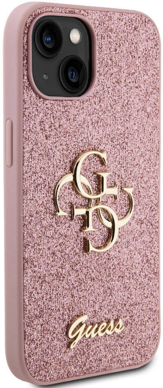 Apple iPhone 15 Kılıf Guess Orjinal Lisanslı 4G Büyük Metal Logolu Glitter Kapak - Pembe