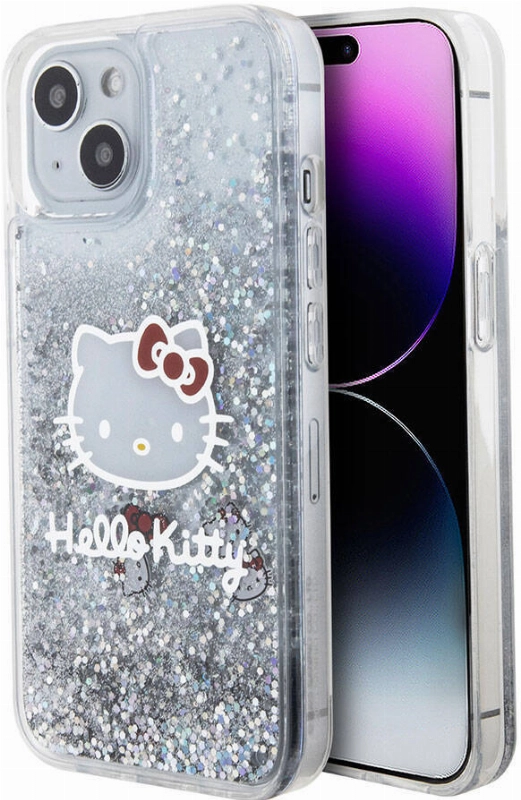 Apple iPhone 15 (6.1) Kılıf Hello Kitty Orjinal Lisanslı İkonik Sıvılı Glitter Kapak - Şeffaf