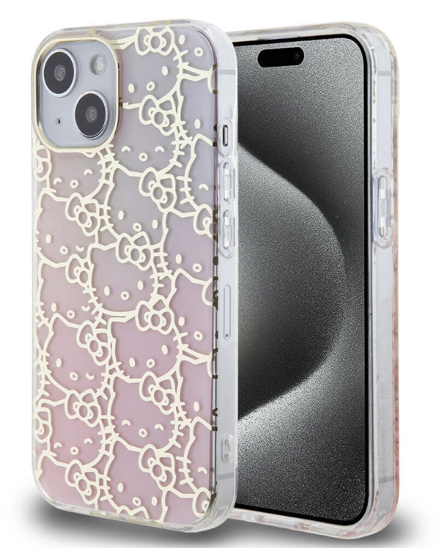 Apple iPhone 15 (6.1) Kılıf Hello Kitty Orjinal Lisanslı Renk Geçişli Elektroplating Kaplama Kitty Head Desenli Kapak - Pembe