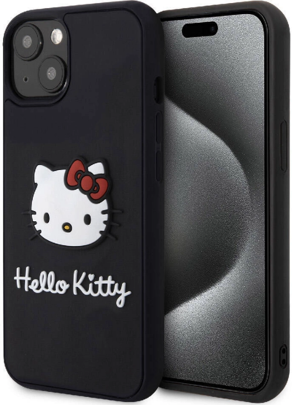 Apple iPhone 15 (6.1) Kılıf Hello Kitty Orjinal Lisanslı Yazı ve İkonik Logolu 3D Rubber Kitty Head Kapak - Siyah