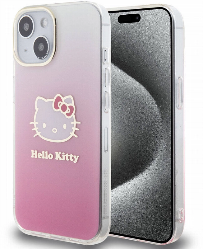 Apple iPhone 15 (6.1) Kılıf Hello Kitty Orjinal Lisanslı Yazı ve İkonik Logolu Elektroplating Kaplama Gradyan Kapak - Pembe