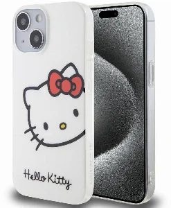 Apple iPhone 15 (6.1) Kılıf Hello Kitty Orjinal Lisanslı Yazı ve İkonik Logolu Kitty Head Kapak - Beyaz