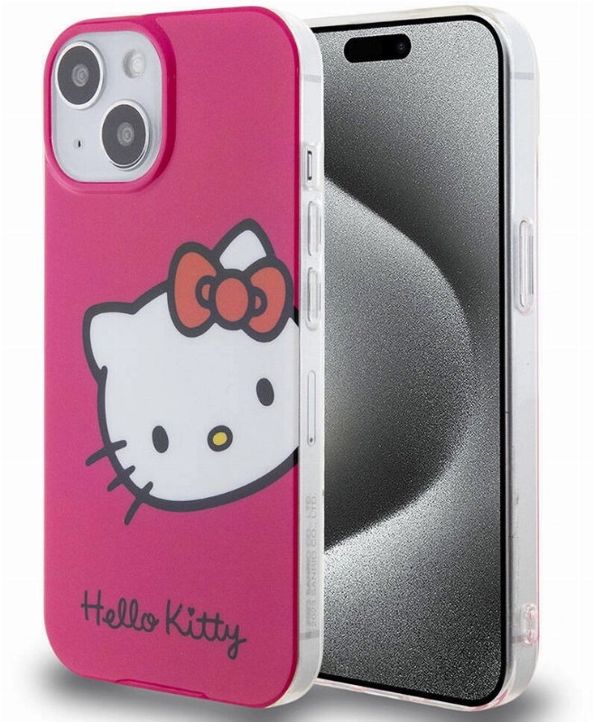 Apple iPhone 15 (6.1) Kılıf Hello Kitty Orjinal Lisanslı Yazı ve İkonik Logolu Kitty Head Kapak - Pembe