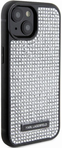 Apple iPhone 15 (6.1) Kılıf Karl Lagerfeld Taşlı Metal Logo Orjinal Lisanslı Kapak - Gümüş