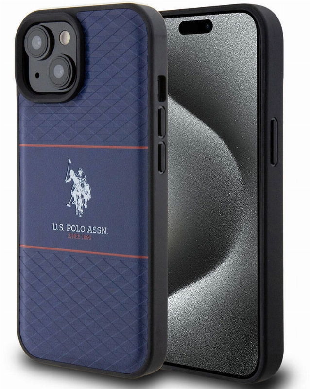 Apple iPhone 15 (6.1) Kılıf U.S. Polo Assn. Orjinal Lisanslı Deri Şeritli Logo Dizayn Kapak - Lacivert