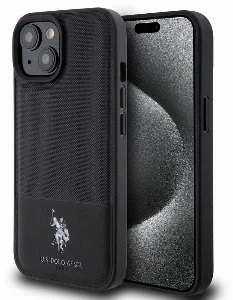 Apple iPhone 15 (6.1) Kılıf U.S. Polo Assn. Orjinal Lisanslı Suni Deri Arka Yüzey Baskı Logolu Örgü Desenli Kapak - Siyah