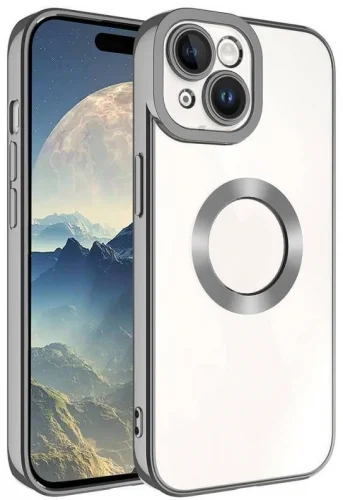 Apple iPhone 15 Plus (6.7) Kılıf Kamera Korumalı Silikon Logo Açık Omega Kapak - Füme