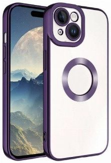 Apple iPhone 15 Plus (6.7) Kılıf Kamera Lens Korumalı Şeffaf Renkli Logo Gösteren Parlak Kapak - Koyu Mor