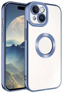 Apple iPhone 15 Plus (6.7) Kılıf Kamera Lens Korumalı Şeffaf Renkli Logo Gösteren Parlak Kapak - Mavi