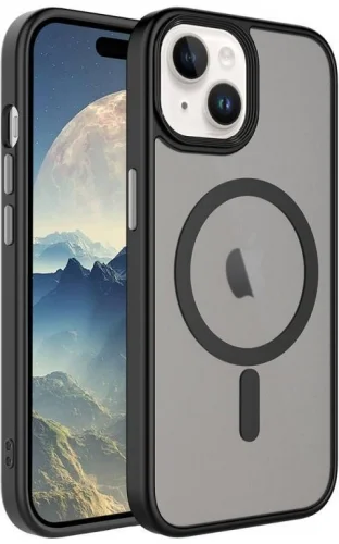Apple iPhone 15 Plus (6.7) Kılıf Mat Arka Yüzey Wireless Şarj Özellikli Zore Flet Magsafe Kapak - Siyah