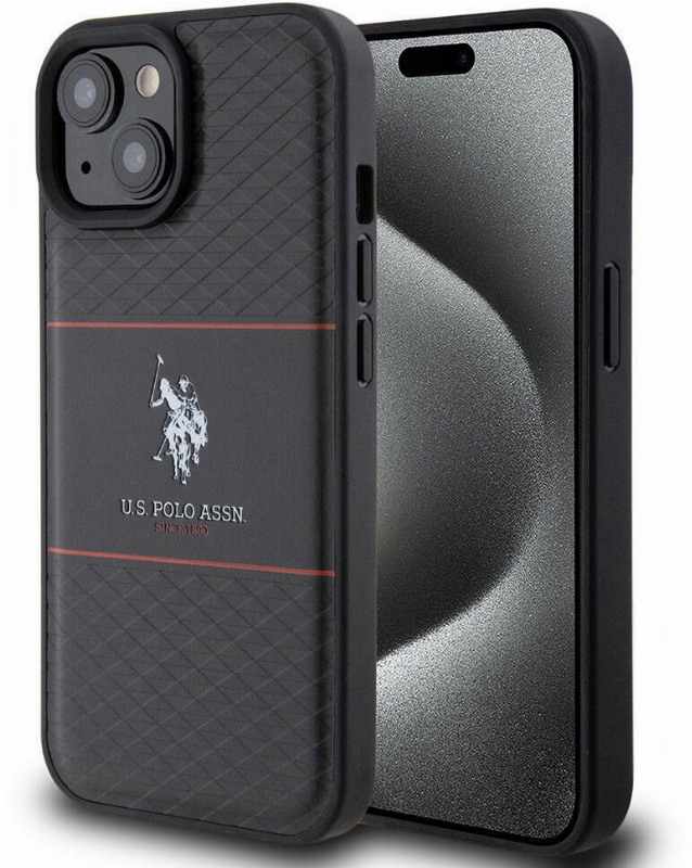 Apple iPhone 15 Plus Kılıf U.S. Polo Assn. Orjinal Lisanslı Deri Şeritli Logo Dizayn Kapak - Siyah