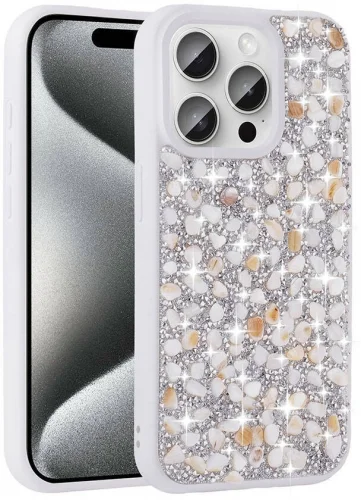 Apple iPhone 15 Pro (6.1) Kılıf Parlak Taşlı Tasarım Zore Linea Kapak - Beyaz