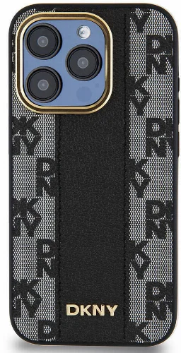 Apple iPhone 15 Pro (6.1) Kılıf DKNY Orjinal Lisanslı Magsafe Şarj Özellikli 3D Yazılı Checkered Pattern Kapak - Krem