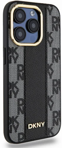 Apple iPhone 15 Pro (6.1) Kılıf DKNY Orjinal Lisanslı Magsafe Şarj Özellikli 3D Yazılı Checkered Pattern Kapak - Krem