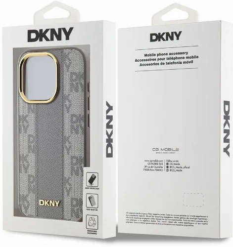 Apple iPhone 15 Pro (6.1) Kılıf DKNY Orjinal Lisanslı Magsafe Şarj Özellikli 3D Yazılı Checkered Pattern Kapak - Krem